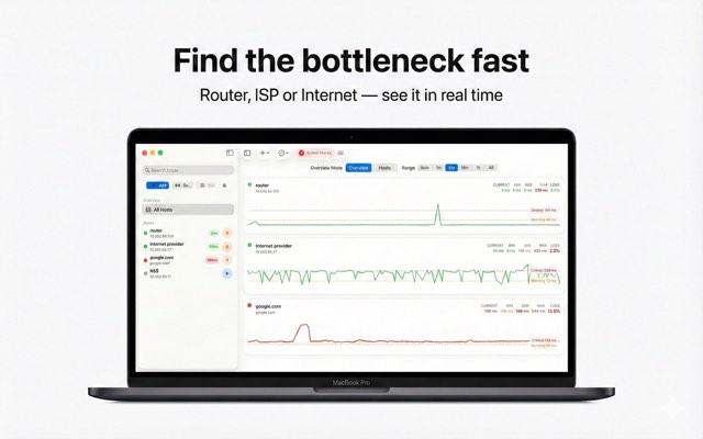 NetPing Monitor dashboard showing host availability, RTT latency chart and live ping status